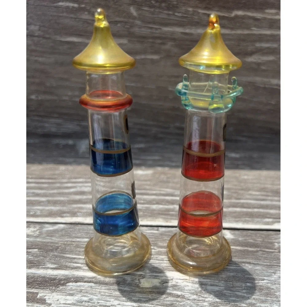Lighthouse Ornaments Hand Blown‎ Glass Lightweight Set Of 2 Colorful  Maritime